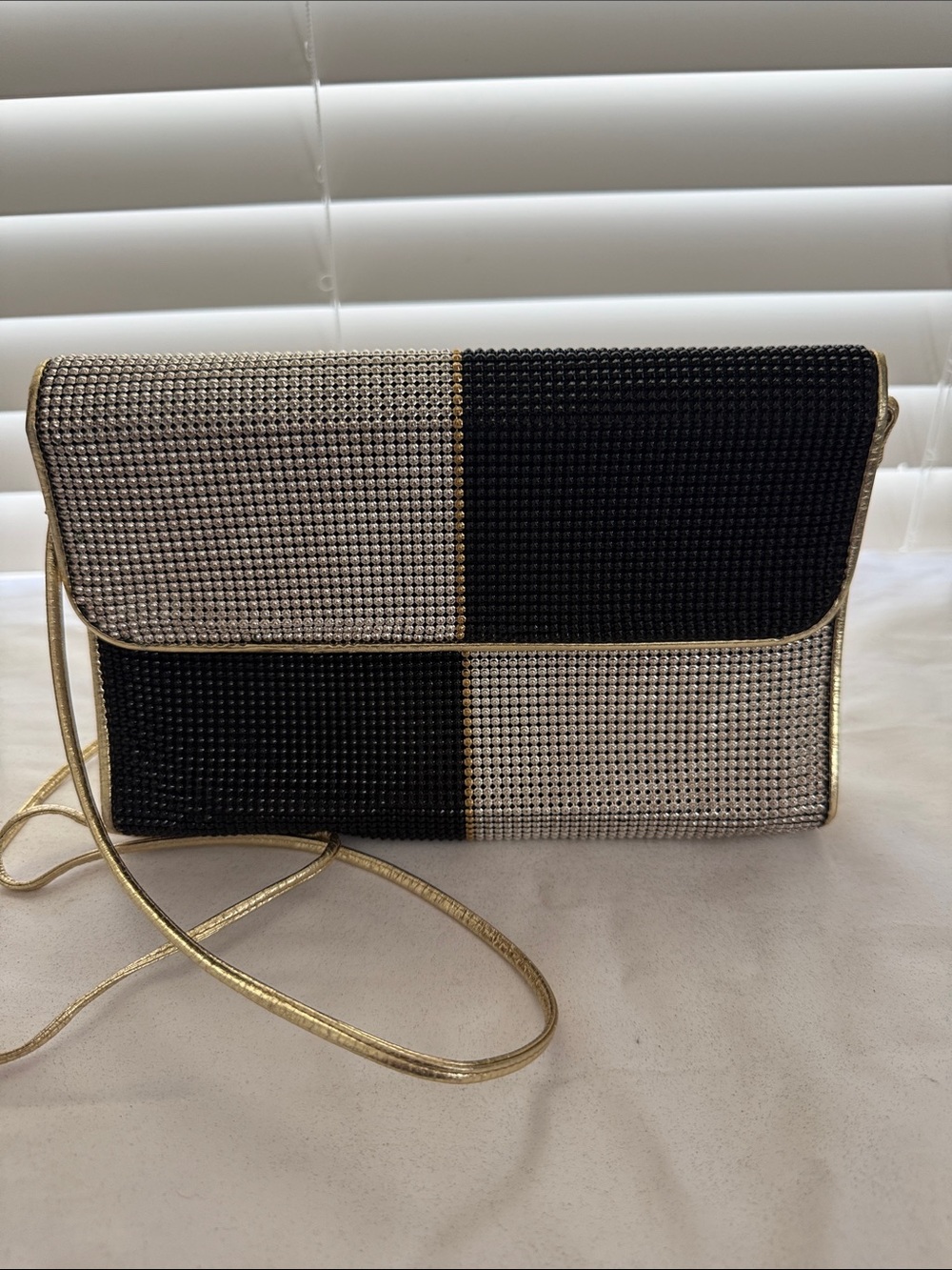 Vintage Whiting & Davis Black and Silver Two-Tone Chain Crossbody Clutch